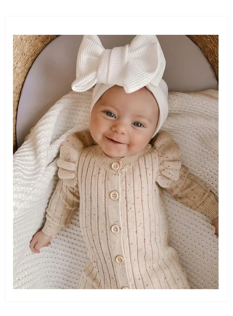 Baby Sweater Jumpsuit Knitted Ruffled Button Up Long Sleeve Solid Baby Rompers Toddlers Girls Outfit Newborn Baby Clothes