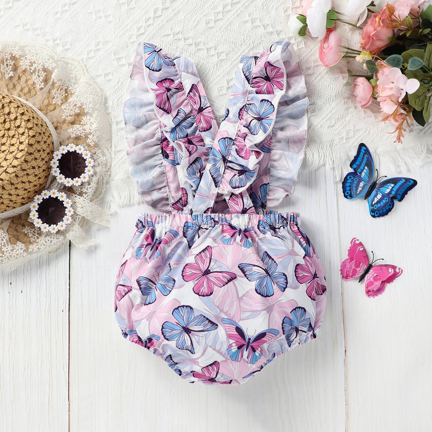 Baby Girls Cute Butterfly Print Ruffled Sleeves Square Collar Onesie Comfortable Breathable Baby Summer Clothes