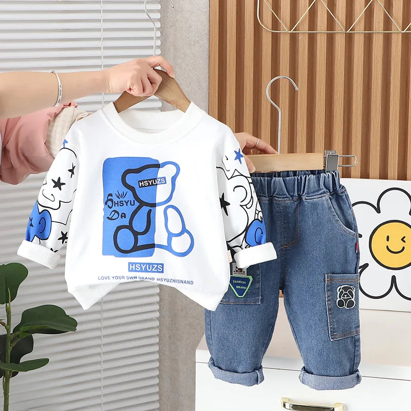 2024 Spring Baby Boy Outfit Set - Cartoon O-Neck Pullover Long Sleeve T-Shirt and Pants (1-5 Years)