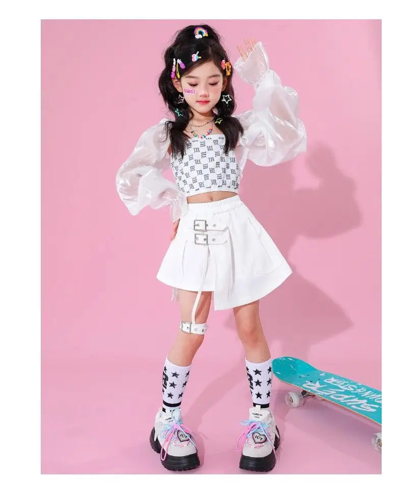 Kpop Mädchen Kleidung Jazz Dance Kostüm Weiß Leistung Anzug Hip Hop Modern Dance Outfit Kinder Bühne Tragen Mode Kleidung