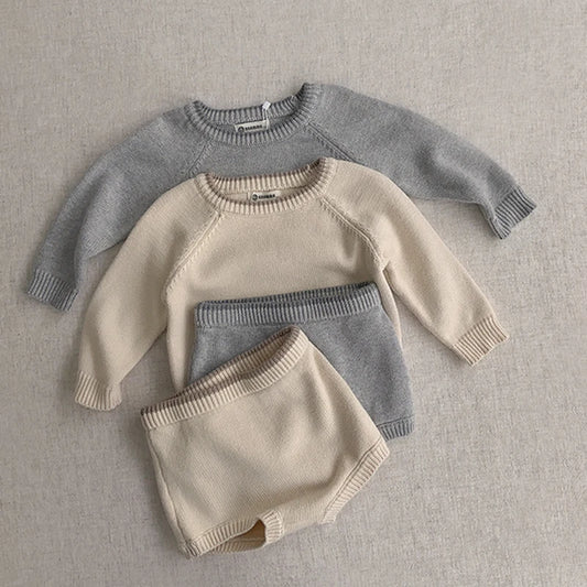 Korean Style Newborn Baby Boys Girls Clothing Set Long Sleeve Solid Color Knitted Pullover+Shorts Autumn Spring Clothes Suit