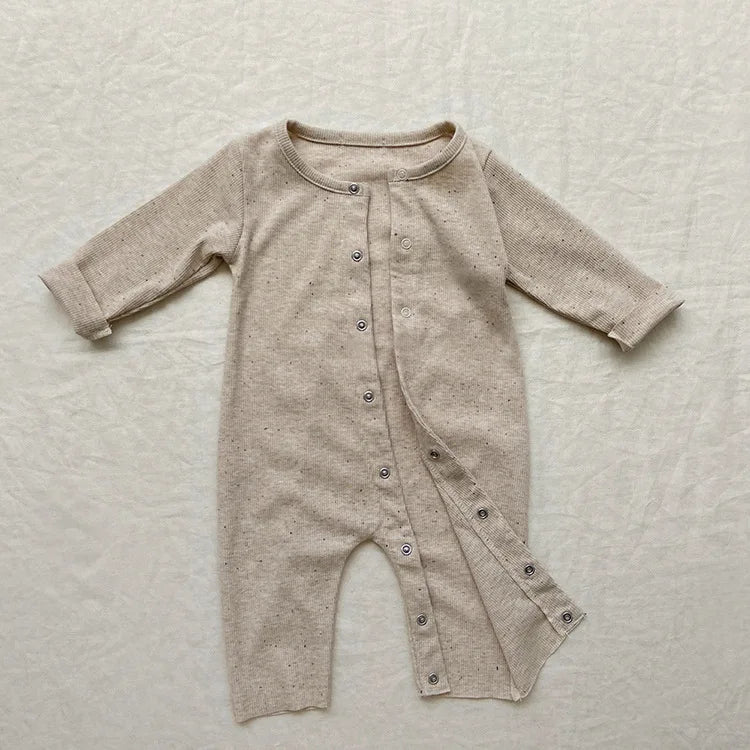 Baby Autumn Single Breasted Long Jumpsuit Baby Boys Girls Colored Cotton Romper+Rabbit Ear Hat Dotted Ribbed Pit Stripe Romper