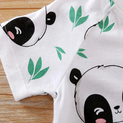 Neugeborenen-Kleidung, niedlicher Cartoon-Panda-Druck, Baumwolle, bequem und weich, Sommer, Jungen und Mädchen 0–18, kurzärmeliger Baby-Overall