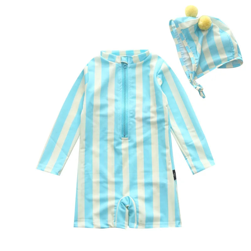 Children's One Piece Swimsuit Baby Boys Long Sleeve Quick-Dry Striped Letter Print Surfing Suit Kids Swimwear Bathing Suit