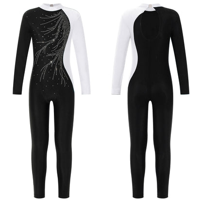 Kids Girls Long Sleeve Shiny Rhinestone Color Block Leotards Dance Gymnastic Jumpsuit for Yoga Unitards Biketards Sports Workout