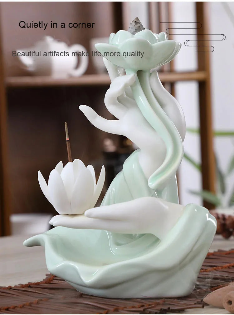 Creative celadon backflow incense burner decoration, incense burner, smoke viewing stove, bergamot lotus heart