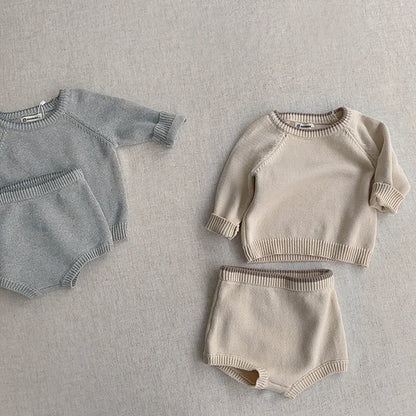 Korean Style Newborn Baby Boys Girls Clothing Set Long Sleeve Solid Color Knitted Pullover+Shorts Autumn Spring Clothes Suit