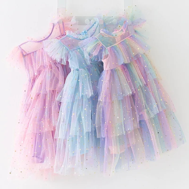 2023 Summer New Girl Party Dress Rainbow Sequin Birthday Princess Costume For Kids Baby Holiday Beach Bathing Mesh Cake Clothes