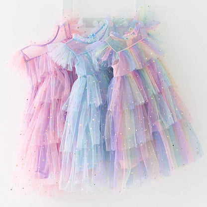 2023 sommer Neue Mädchen Party Kleid Regenbogen Pailletten Geburtstag Prinzessin Kostüm Für Kinder Baby Urlaub Strand Bade Mesh Kuchen Kleidung