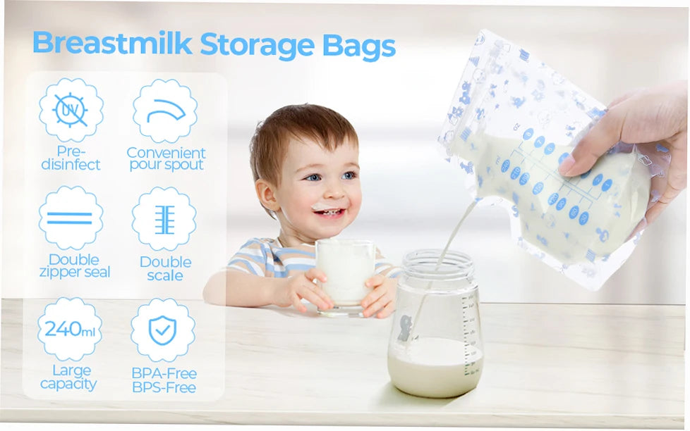 100 Pcs BPA-Free Breast Milk Storage Bags - 240ML Safe Freezing Container