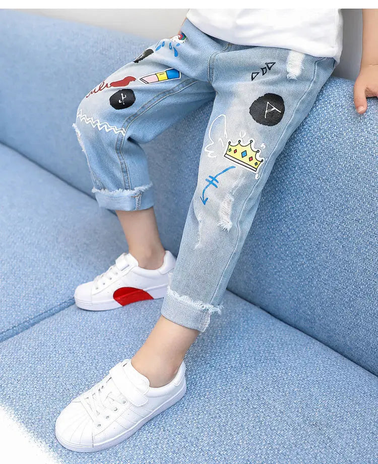 Boys' Jeans Spring and Autumn New Funny Head Medium and Big Children's Casual Children's Clothing Spring Loose Long Pants