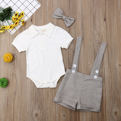 Neugeborenes Baby Jungen Kinder Schleife Gentleman Outfits Anzug Krawatte Hemd Strampler Hosenträger Hosen Hochzeit Party Kleidung Overalls Jungen Outfits