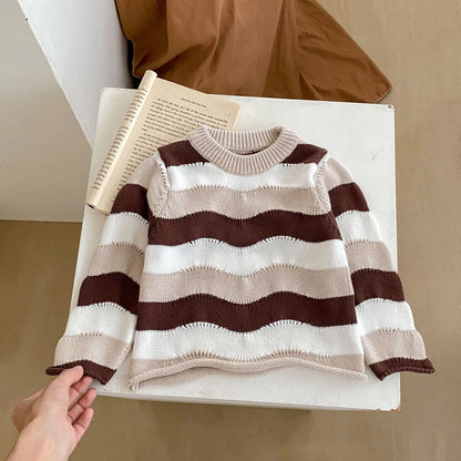 Spring And Autumn Baby Clothing For Girls Fashionable And Versatile Wave Contrasting Striped Knitted Top+Loose Pants Set