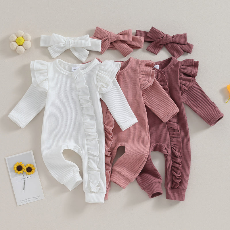 Neugeborenen Mädchen Einfarbig Waffeln Overalls Baby Langarm Rüschen Zipper Strampler mit Stirnband Sets Spitze Baby Kleidung