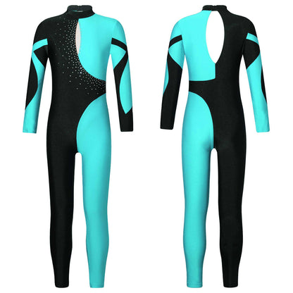 Kids Girls Long Sleeve Shiny Rhinestone Color Block Leotards Dance Gymnastic Jumpsuit for Yoga Unitards Biketards Sports Workout