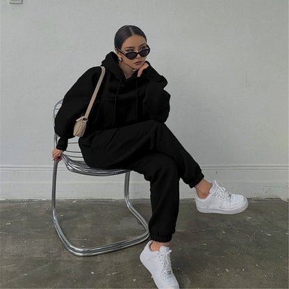 Women's Casual Solid Color Long Sleeved Hoodie Trousers Sweatershirt Sports Suit