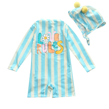 Children's One Piece Swimsuit Baby Boys Long Sleeve Quick-Dry Striped Letter Print Surfing Suit Kids Swimwear Bathing Suit