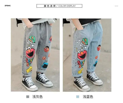 Boys' Jeans Spring and Autumn New Funny Head Medium and Big Children's Casual Children's Clothing Spring Loose Long Pants