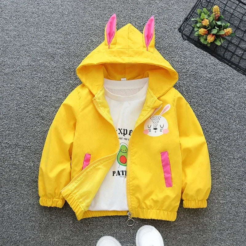 1 2 3 4 5 6 Years Baby Girls Jacket Cute Cartoon Animals Spring Autumn Boy Windbreaker Coat Hooded Zipper Outerwear Kids Clothes