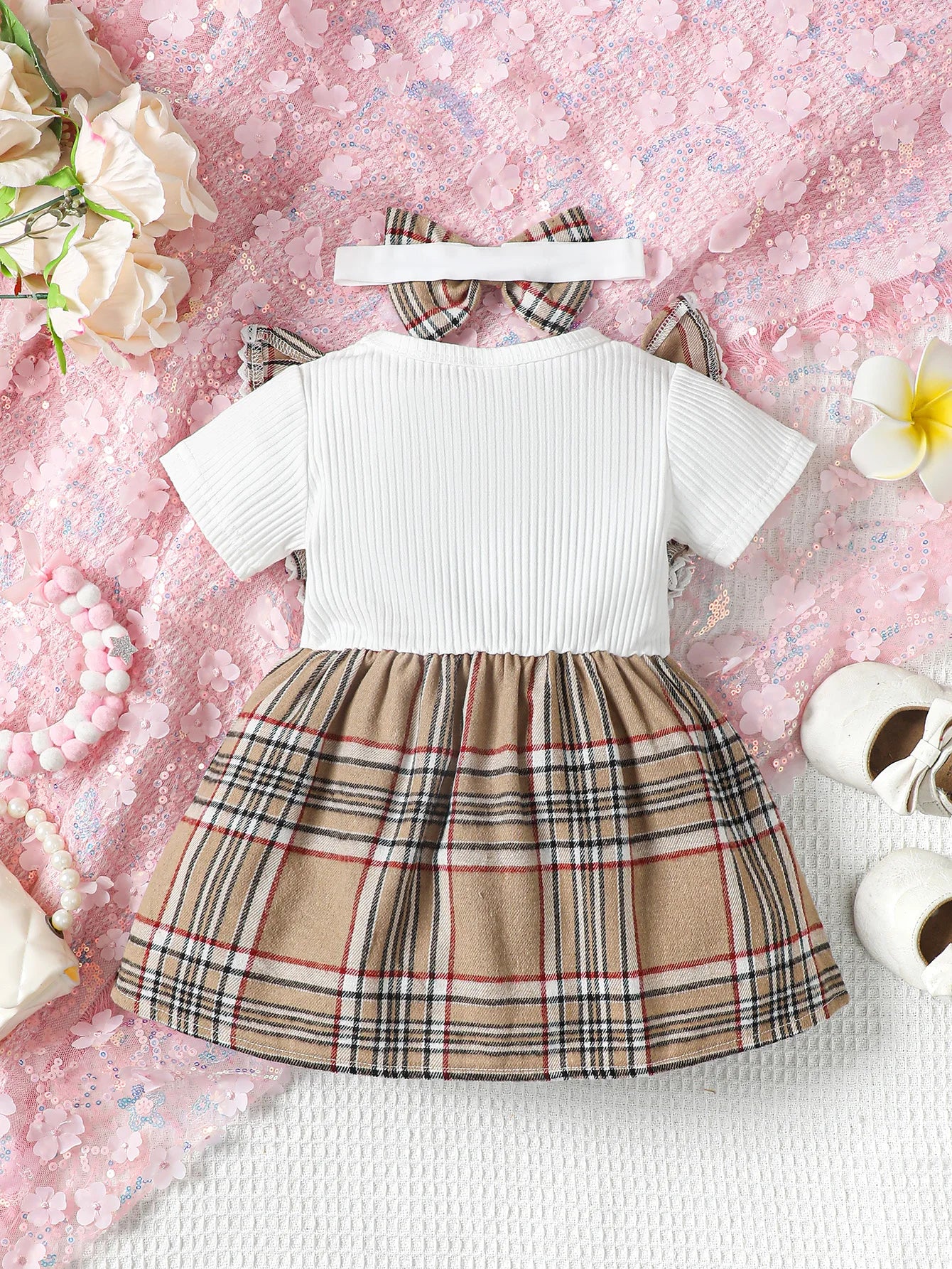 0-2 Year Old Newborn Girl Baby Fake Fly Edge Plaid Short Sleeved Dress