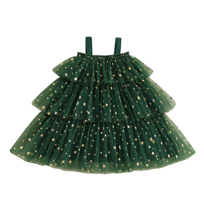 FOCUSNORM 1-6Y Little Girls Christmas Dress Strap Sleeveless Star Print Lace Layered Tulle Sundress with Plush Ball Hat