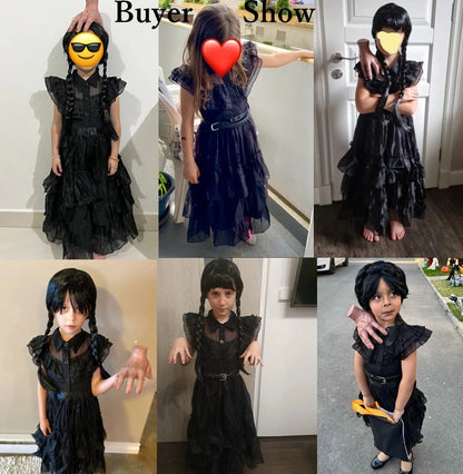 Wednesday Addam Dress for Girls 3-10 Yrs Halloween Party Black Gothic Cosplay Costume Summer Kids Clothes Daily Casual Outfits