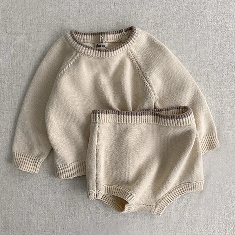 Korean Style Newborn Baby Boys Girls Clothing Set Long Sleeve Solid Color Knitted Pullover+Shorts Autumn Spring Clothes Suit