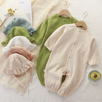 Musselin Baby-Overall Mütze Langarm Baumwolle Kleinkind Strampler für Jungen Mädchen Einfarbig Frühling Herbst Baby Kleidung Neugeborenen Onesie