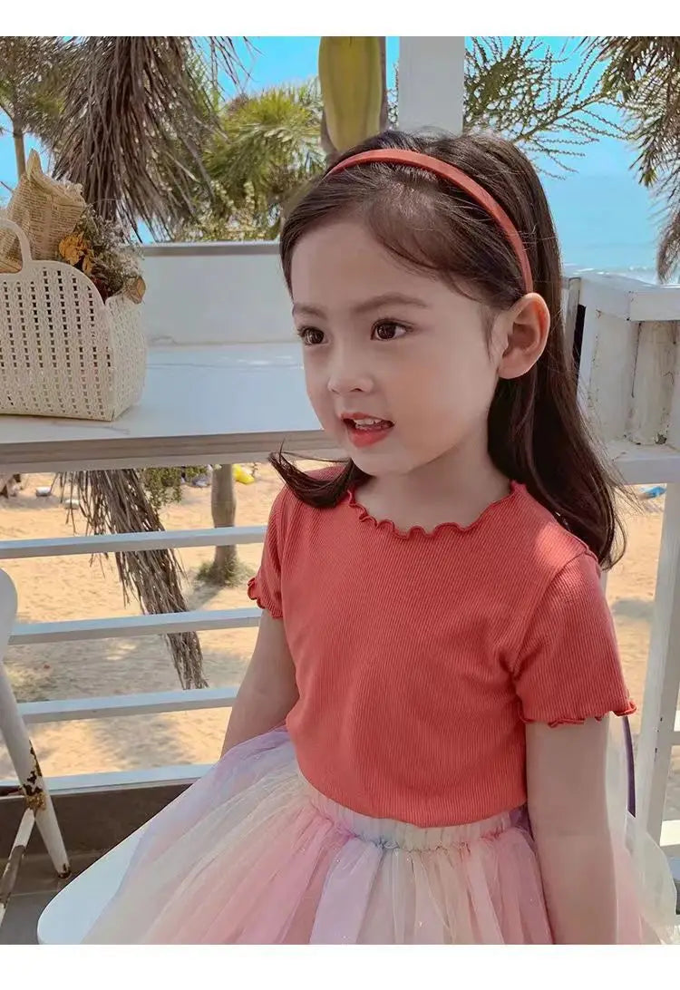 Baby Girls Short Sleeved T-Shirt 2024 Summer Kids Top Tees Baby Solid Color Shirts 1 To 8 Yrs Children's Clothing Korean Style