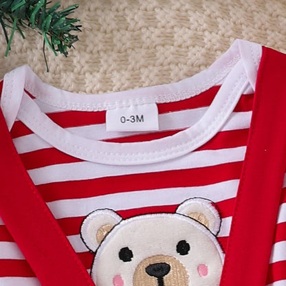 Baby Christmas Clothing Boy Girl Bear Print Long Sleeve Romper Striped Suspender Pants Hat Newborn Xmas Clothes Set