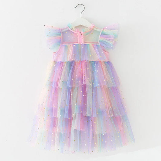 2023 sommer Neue Mädchen Party Kleid Regenbogen Pailletten Geburtstag Prinzessin Kostüm Für Kinder Baby Urlaub Strand Bade Mesh Kuchen Kleidung