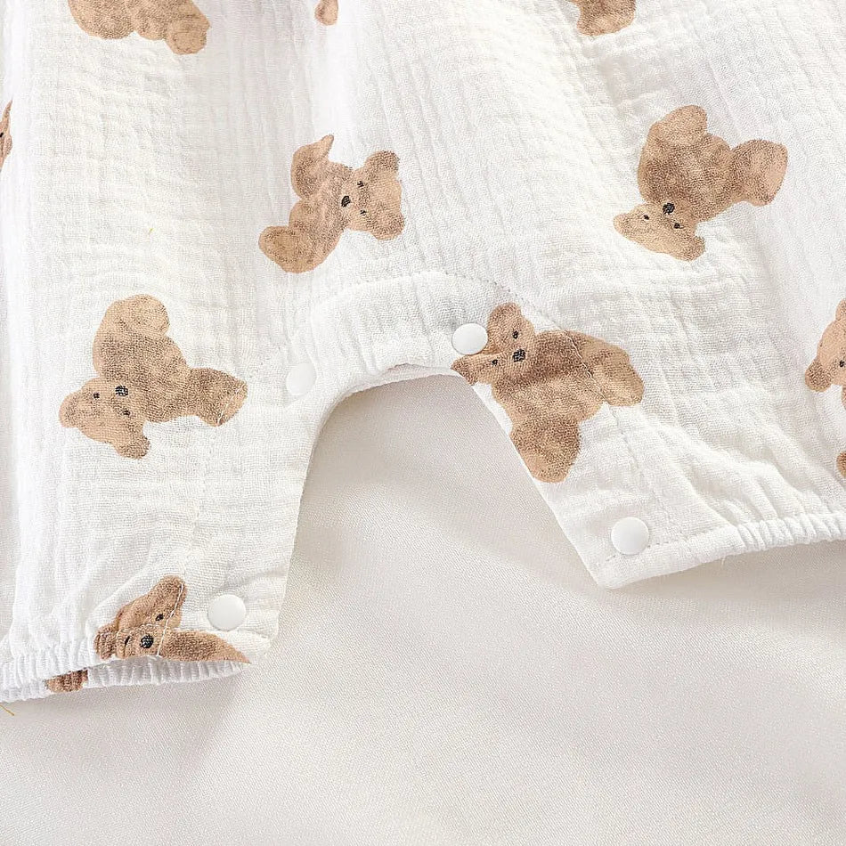 Baby Jumpsuit Newborn Summer Casual Onesie Boys Girls Bear Sleeper Infant Birthday Muslin One-Piece White Beige Romper with Hat