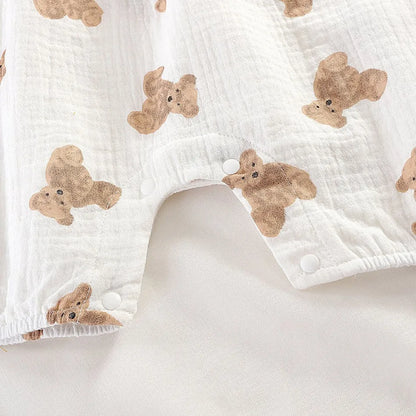 Baby-Overall für Neugeborene, Sommer, lässiger Einteiler für Jungen und Mädchen, Bären-Schlafanzug, Säuglingsgeburtstag, Musselin, Einteiler, weiß, beige, Strampler mit Mütze