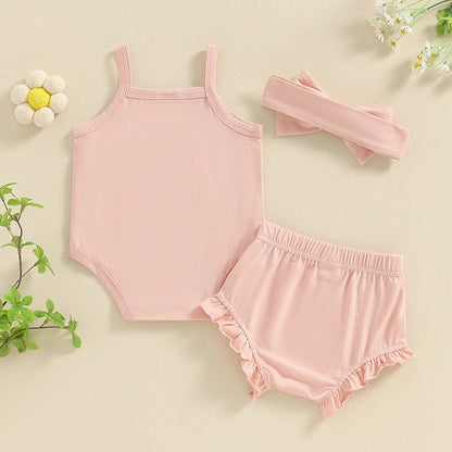 Neugeborenen-Set, Babykleidung für Mädchen, Sommer-Outfits mit Buchstaben-Aufdruck, Spaghettiträger, ärmellos, einfarbig, Shorts, Stirnband, 3-tlg.