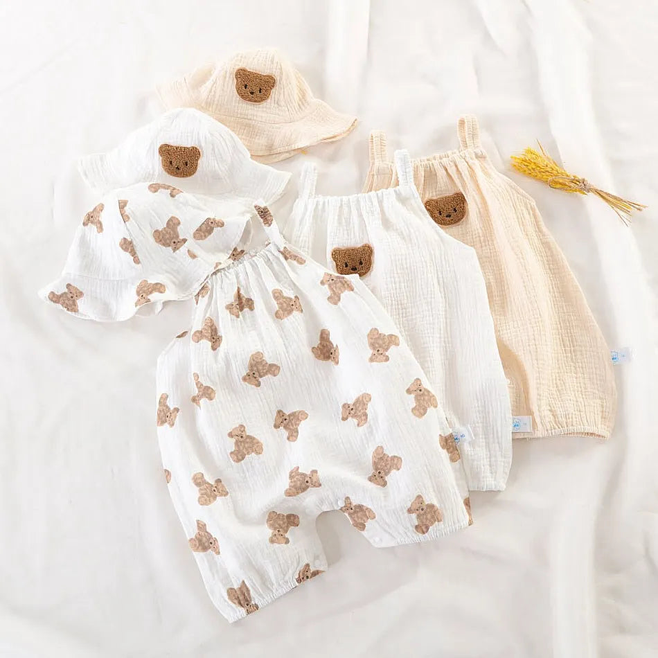 Baby-Overall für Neugeborene, Sommer, lässiger Einteiler für Jungen und Mädchen, Bären-Schlafanzug, Säuglingsgeburtstag, Musselin, Einteiler, weiß, beige, Strampler mit Mütze