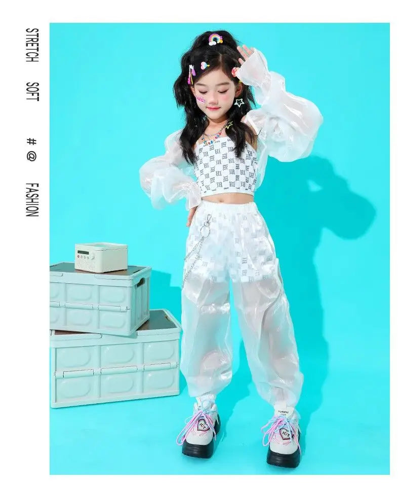 Kpop Mädchen Kleidung Jazz Dance Kostüm Weiß Leistung Anzug Hip Hop Modern Dance Outfit Kinder Bühne Tragen Mode Kleidung