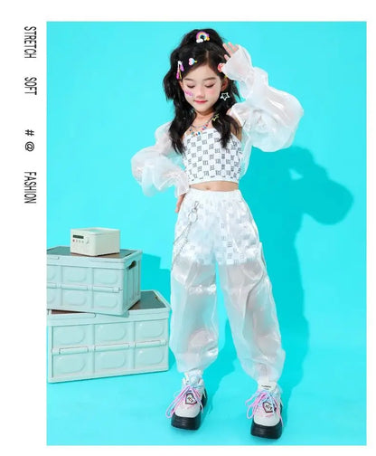 Kpop Girls Clothes Jazz Dance Costume White Performance Suit Hip Hop Modern Dance Outfit Kids Stage Wear Fashion Clothing