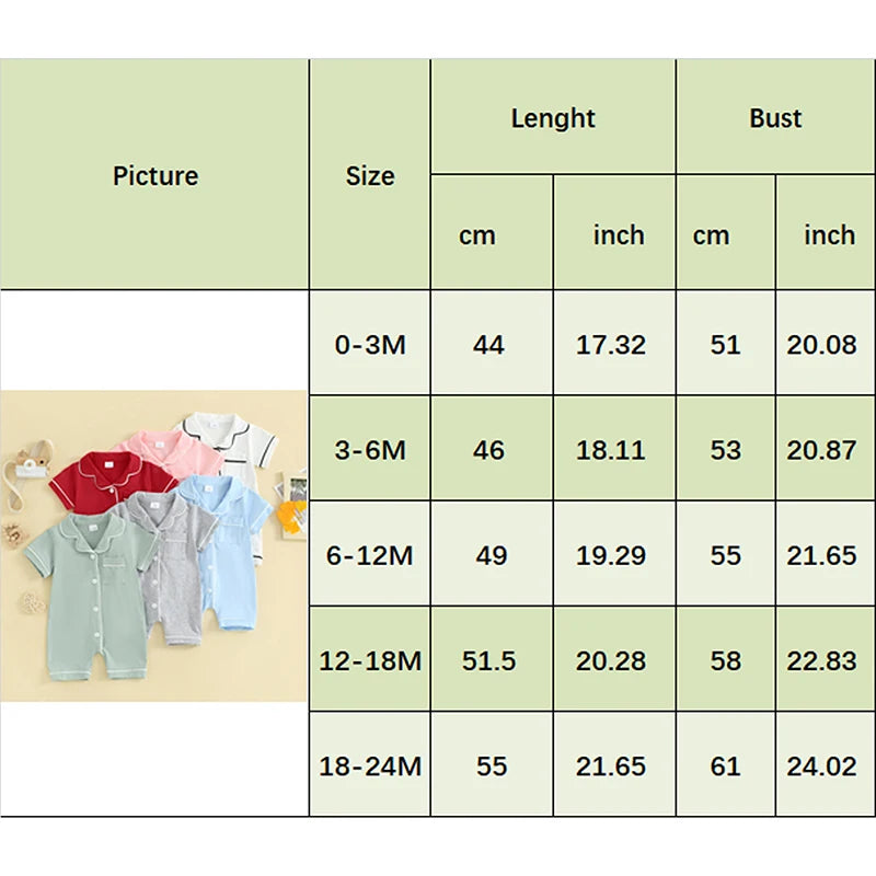 Babykleidung für Jungen und Mädchen, Nachtwäsche mit kurzen Ärmeln, Reverskragen, Knöpfen unten, Strampler, Pyjama-Outfit