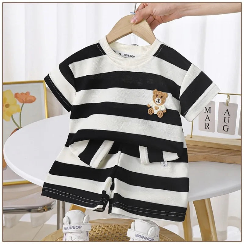 Short-sleeved Set Striped T-shirt +Shorts Boys Summer Trendy Costume Babies Fashion Round Neck Tracksuits Children's Clothing