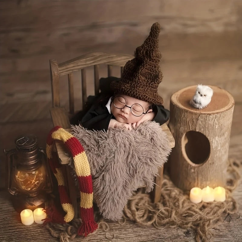 Infant Photography Outfit Wizard Costume Hat Accessories Set Posing Props Baby Witch Costume Newborn Clothes Shower Gift