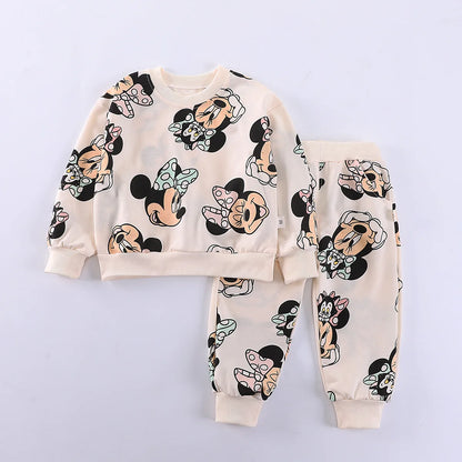 Disney Full Printhed Minnie Mouse Hoodie 2PCS Set for Kids Girl Autumn Long Hooded Pullover Set Children Casual Clothing Outfits