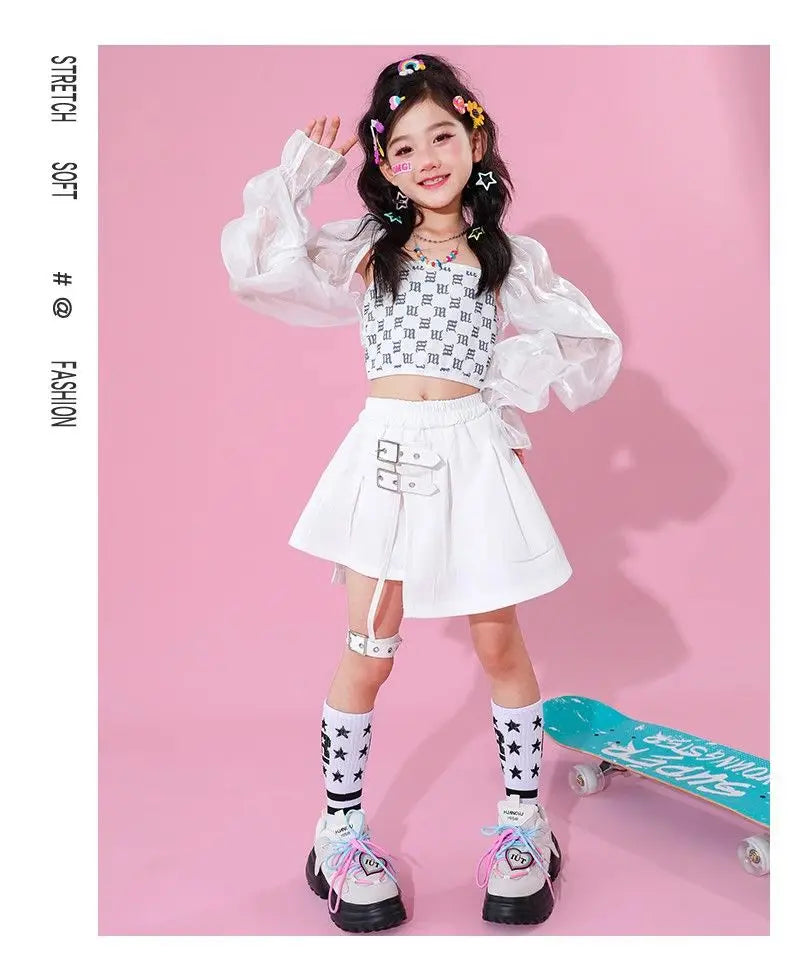 Kpop Girls Clothes Jazz Dance Costume White Performance Suit Hip Hop Modern Dance Outfit Kids Stage Wear Fashion Clothing