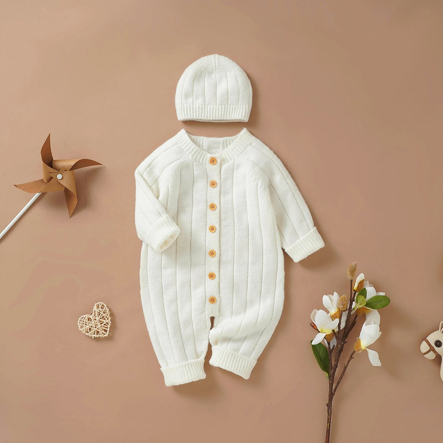 Citgeett Autumn Infant Baby Girls Boys Winter Jumpsuit and Cap Solid Color Long Sleeve Single-breasted Knitted Romper 0-18Months