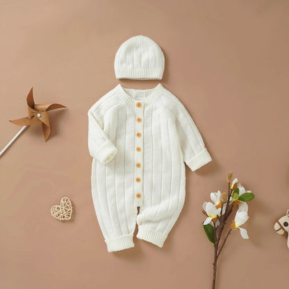 Citgeett Autumn Infant Baby Girls Boys Winter Jumpsuit and Cap Solid Color Long Sleeve Single-breasted Knitted Romper 0-18Months