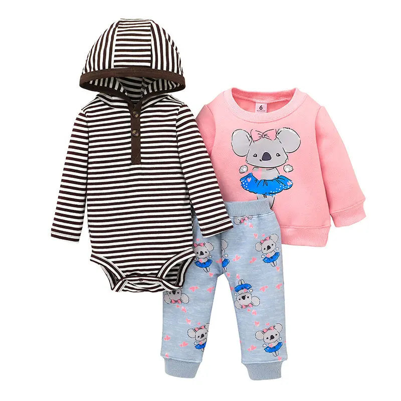 Spring Autumn Cotton Baby Boys Clothes Sets Cartoon Printed Baby Coat+Baby Pants+Baby Bodysuits Long Sleeves Girls Clothes Sets