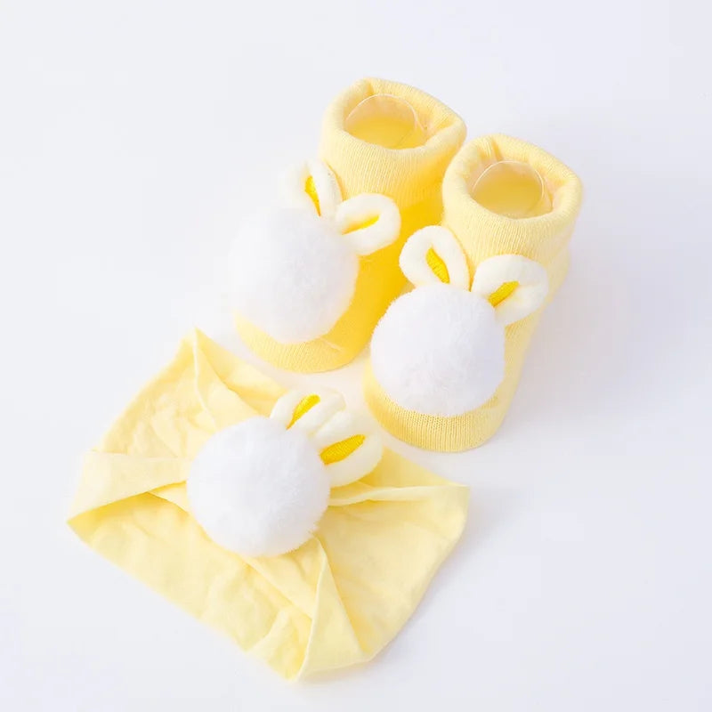 2Pcs Set Baby Socks and Headband - Cute Plush Ball Newborn Short Socks and Hairband Photo Props