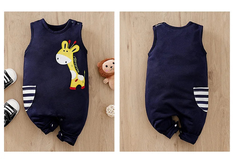 Neugeborene Kleidung Niedliche Cartoon-Giraffe-Stickerei Bequemer und weicher Sommer Jungen und Mädchen 0-18 Ärmelloser Baby-Overall