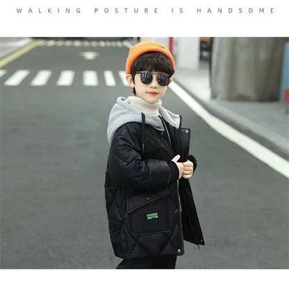 Winter Boys Outerwear Thicken Warm Coats Kids Plus Velvet Jackets Hooded Trends Overcoat 2023 Teens Casual Windproof Parkas