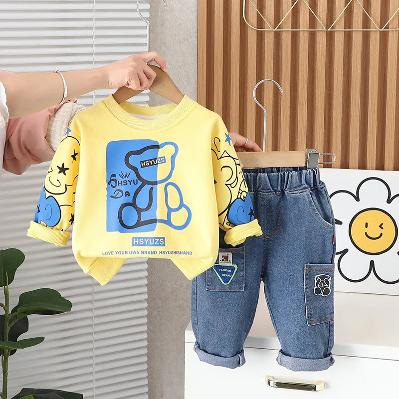 2024 Spring Baby Boy Outfit Set - Cartoon O-Neck Pullover Long Sleeve T-Shirt and Pants (1-5 Years)