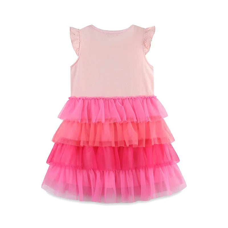 2024 Summer Girls Puff Sleeve Mesh Skirt Dress - Animal Cartoon Puffy Princess Cake Dress